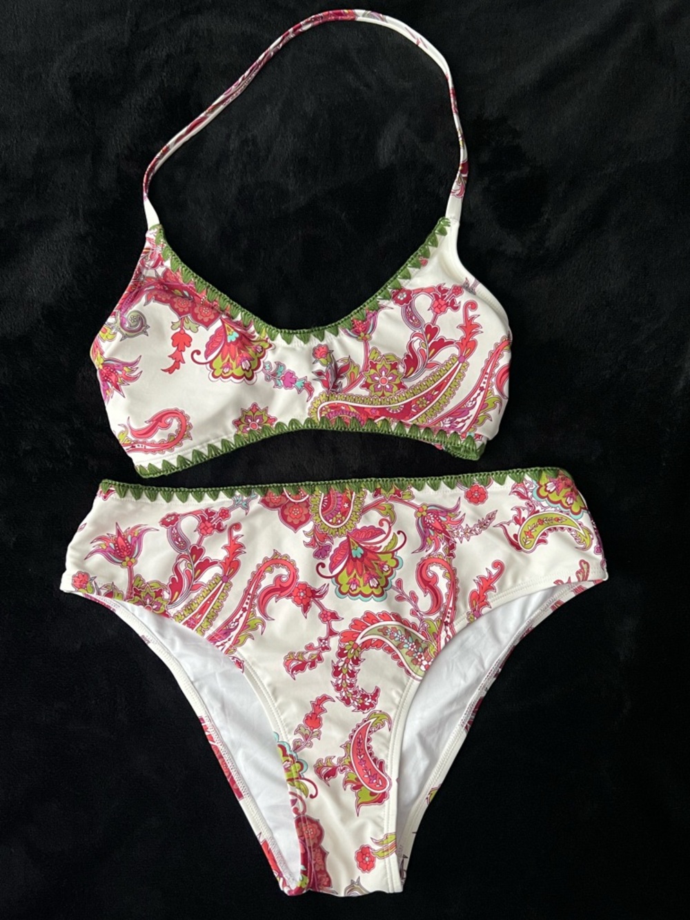 Two-Piece Paisley Print Bikini - Pink & Green on White